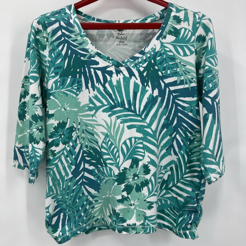 Palm Harbour Women's Top PM Teal Palm‎ Leaves 3/4 sleeve Cruisewear Beach